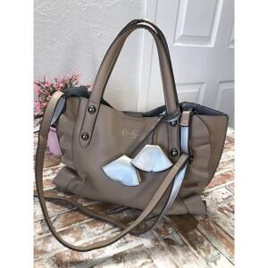 Jessica Simpson Brown Ruffled Purse Handbag Faux Leather w/ floral charms 9"x13